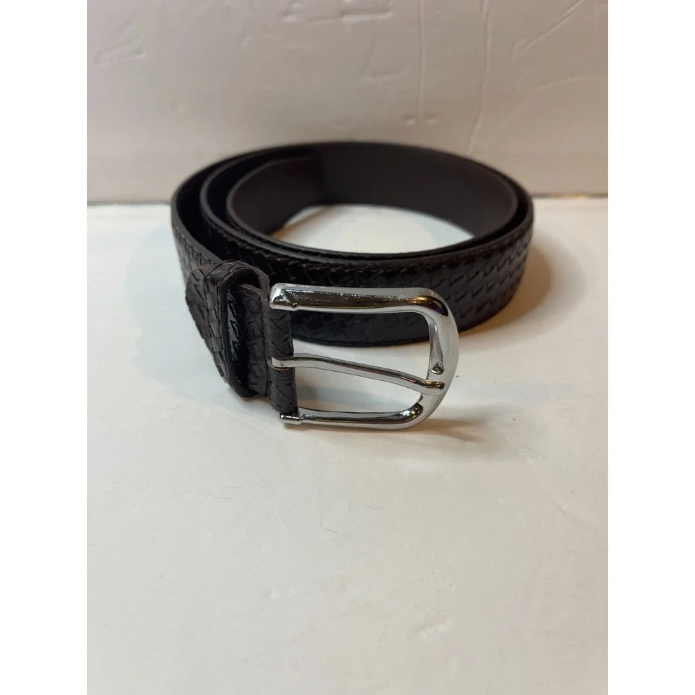 Dark Brown Basketweave Embossed Dress Belt Silver Buckle Classic Style 38-40
